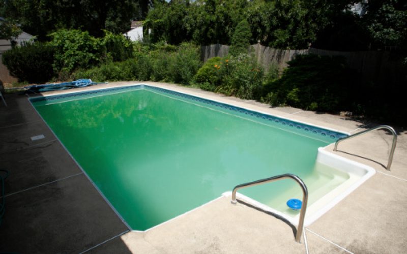 Cloudy green water in a outdoor inground pool.